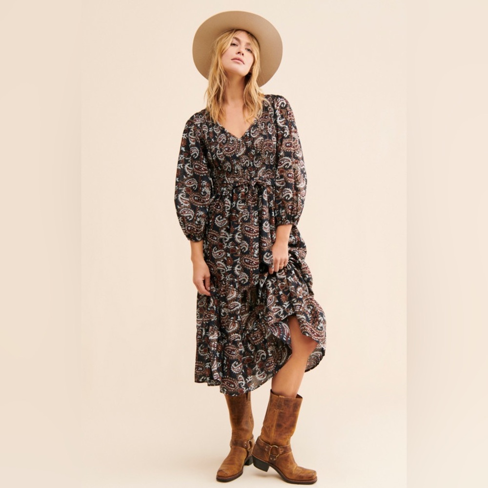 Cleobella Carly Paisley Dress Smocked Pockets XL Avalon Black